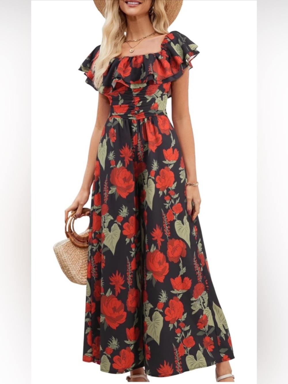 Floral Off-Shoulder Wide-Leg Jumpsuit in Black & Red